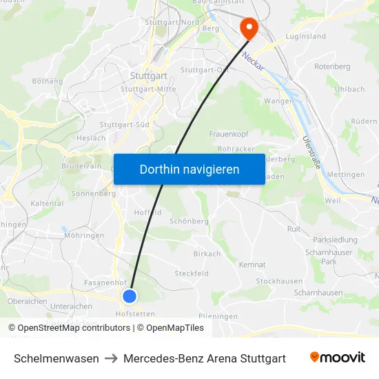 Schelmenwasen to Mercedes-Benz Arena Stuttgart map