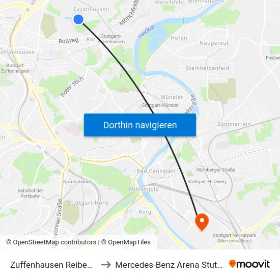 Zuffenhausen Reibedanz to Mercedes-Benz Arena Stuttgart map