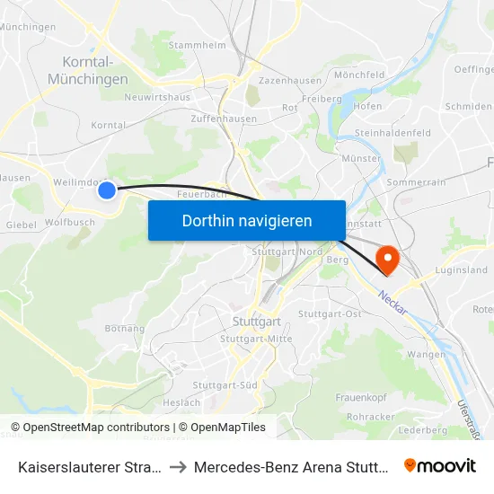 Kaiserslauterer Straße to Mercedes-Benz Arena Stuttgart map