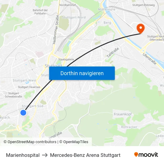 Marienhospital to Mercedes-Benz Arena Stuttgart map