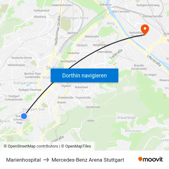 Marienhospital to Mercedes-Benz Arena Stuttgart map