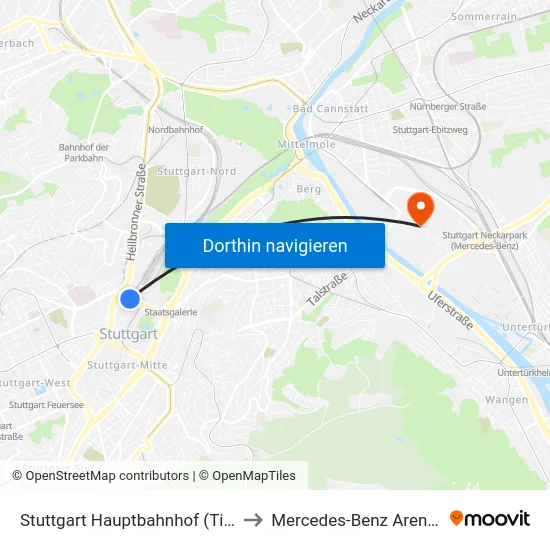 Stuttgart Hauptbahnhof (Tief) Gleis 102 to Mercedes-Benz Arena Stuttgart map