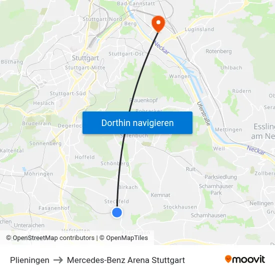 Plieningen to Mercedes-Benz Arena Stuttgart map