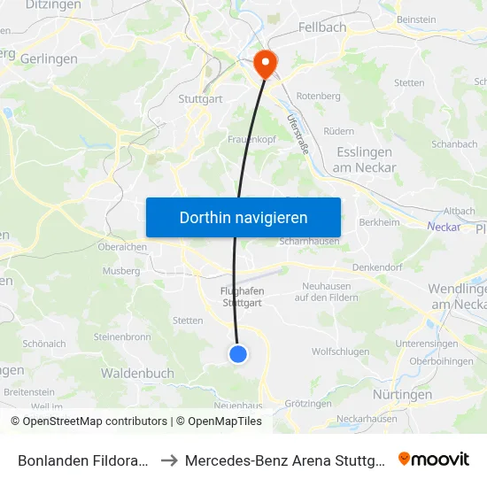 Bonlanden Fildorado to Mercedes-Benz Arena Stuttgart map