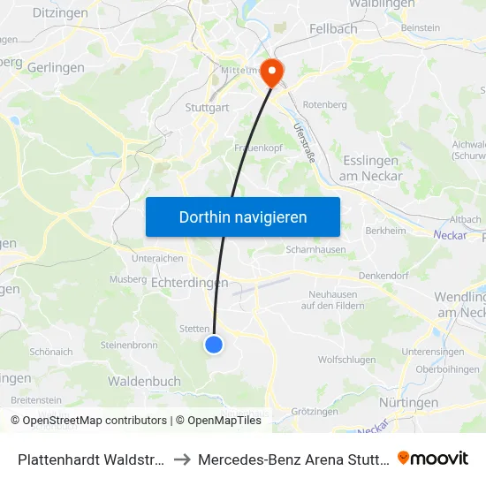 Plattenhardt Waldstraße to Mercedes-Benz Arena Stuttgart map