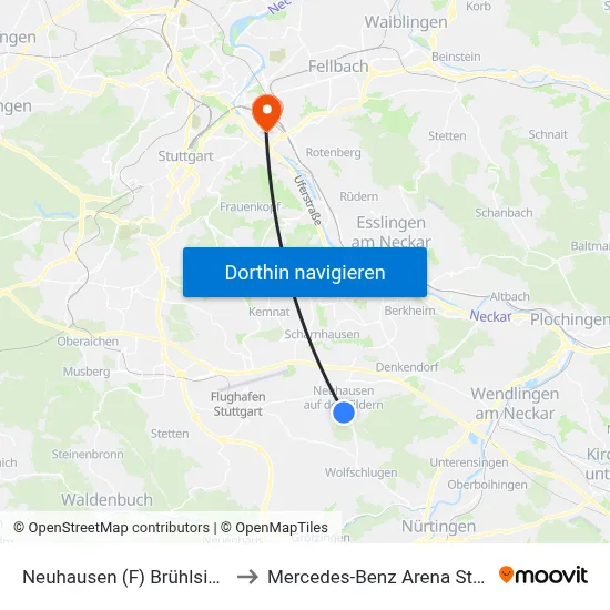 Neuhausen (F) Brühlsiedlung to Mercedes-Benz Arena Stuttgart map