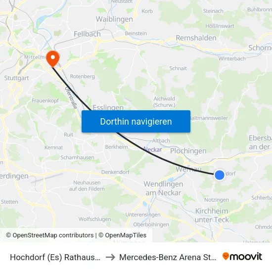Hochdorf (Es) Rathaus Pos 3 to Mercedes-Benz Arena Stuttgart map