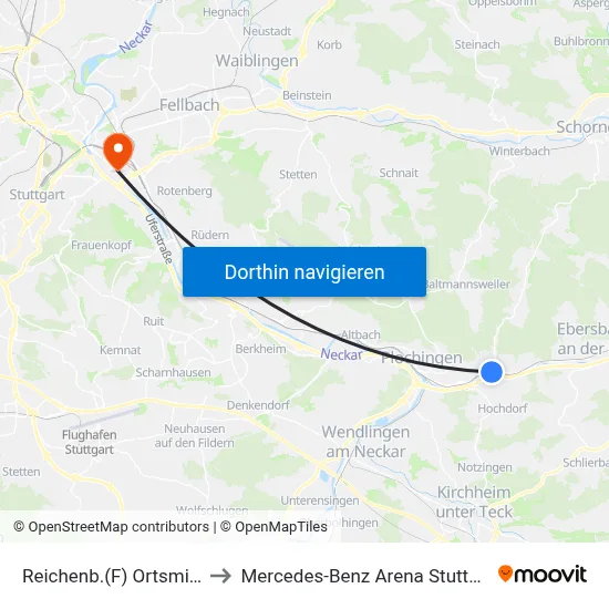 Reichenb.(F) Ortsmitte to Mercedes-Benz Arena Stuttgart map