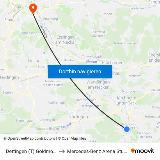 Dettingen (T) Goldmorgen to Mercedes-Benz Arena Stuttgart map