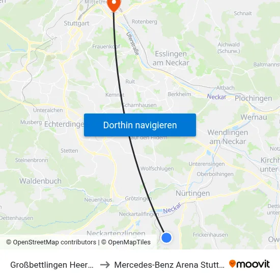 Großbettlingen Heerweg to Mercedes-Benz Arena Stuttgart map