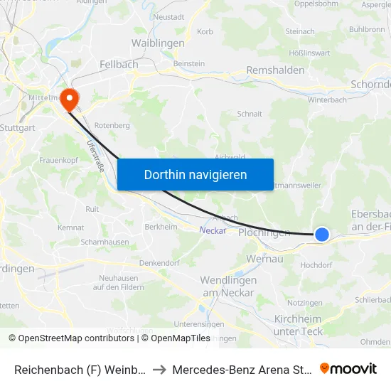 Reichenbach (F) Weinbergstr. to Mercedes-Benz Arena Stuttgart map