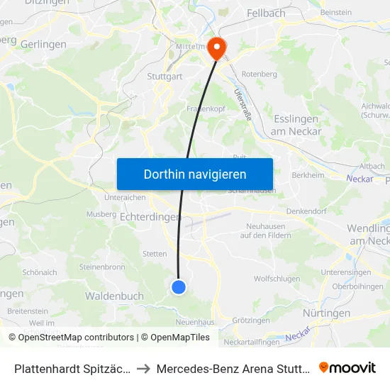 Plattenhardt Spitzäcker to Mercedes-Benz Arena Stuttgart map