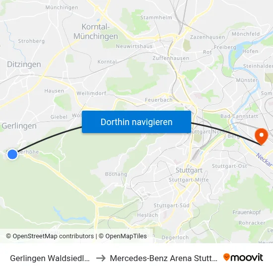 Gerlingen Waldsiedlung to Mercedes-Benz Arena Stuttgart map