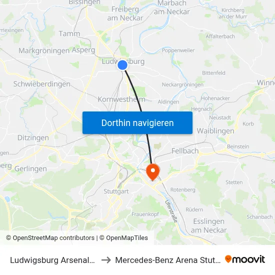 Ludwigsburg Arsenalplatz to Mercedes-Benz Arena Stuttgart map