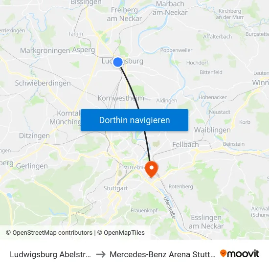 Ludwigsburg Abelstraße to Mercedes-Benz Arena Stuttgart map