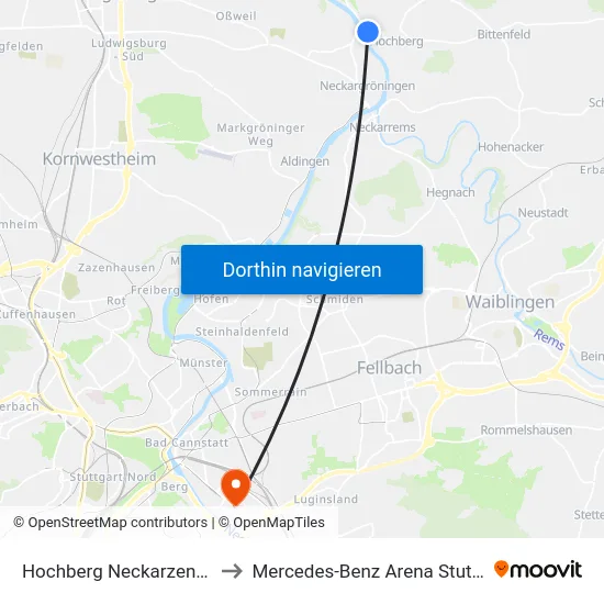 Hochberg Neckarzentrum to Mercedes-Benz Arena Stuttgart map