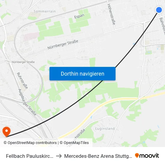 Fellbach Pauluskirche to Mercedes-Benz Arena Stuttgart map
