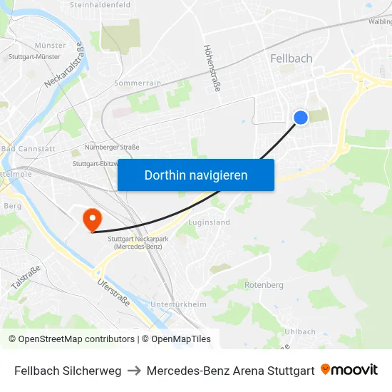 Fellbach Silcherweg to Mercedes-Benz Arena Stuttgart map