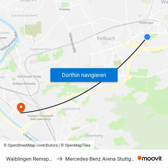 Waiblingen Remspark to Mercedes-Benz Arena Stuttgart map