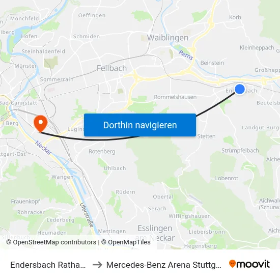 Endersbach Rathaus to Mercedes-Benz Arena Stuttgart map