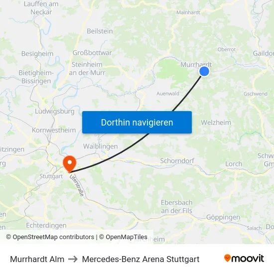 Murrhardt Alm to Mercedes-Benz Arena Stuttgart map