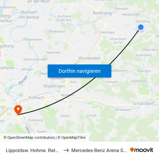 Lippoldsw. Hohnw. Rathausstr. to Mercedes-Benz Arena Stuttgart map
