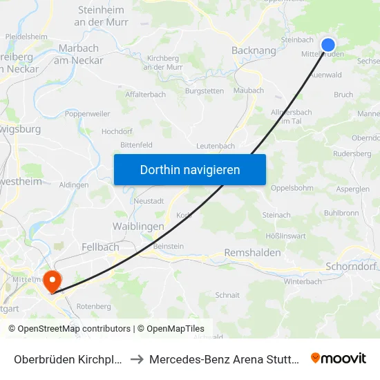Oberbrüden Kirchplatz to Mercedes-Benz Arena Stuttgart map