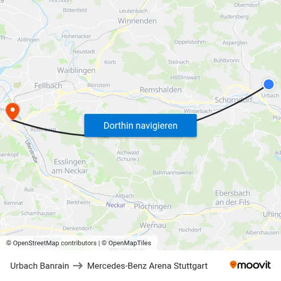 Urbach Banrain to Mercedes-Benz Arena Stuttgart map
