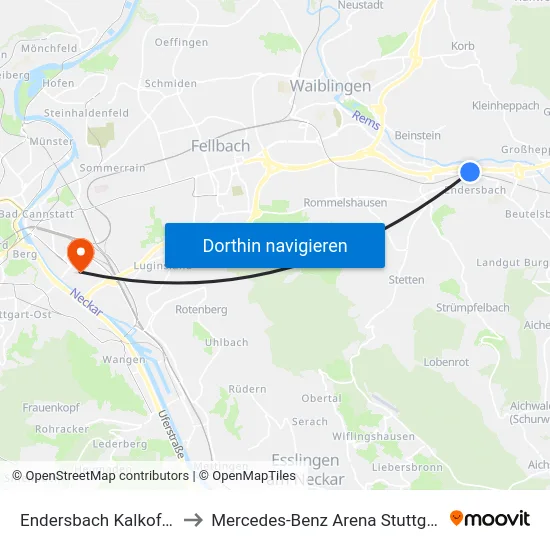 Endersbach Kalkofen to Mercedes-Benz Arena Stuttgart map