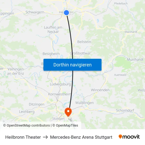 Heilbronn Theater to Mercedes-Benz Arena Stuttgart map