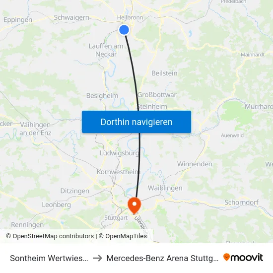 Sontheim Wertwiesen to Mercedes-Benz Arena Stuttgart map