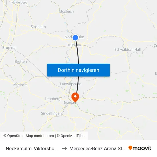 Neckarsulm, Viktorshöhe B27 to Mercedes-Benz Arena Stuttgart map