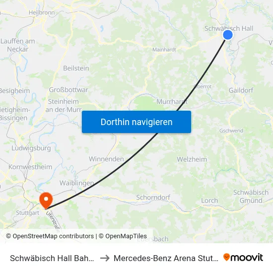 Schwäbisch Hall Bahnhof to Mercedes-Benz Arena Stuttgart map