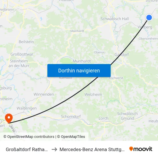 Großaltdorf Rathaus to Mercedes-Benz Arena Stuttgart map