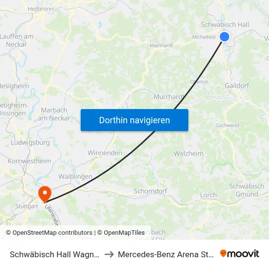 Schwäbisch Hall Wagnerweg to Mercedes-Benz Arena Stuttgart map