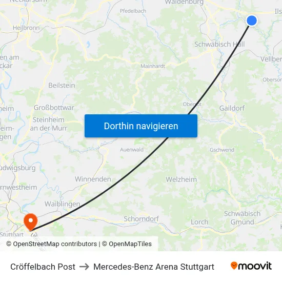 Cröffelbach Post to Mercedes-Benz Arena Stuttgart map
