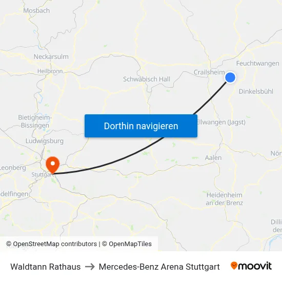 Waldtann Rathaus to Mercedes-Benz Arena Stuttgart map