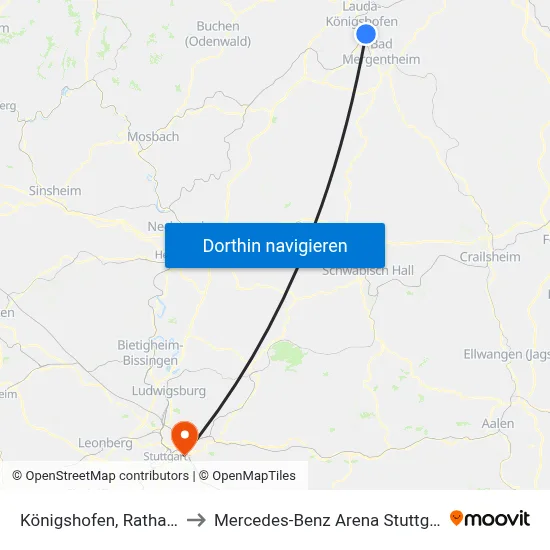 Königshofen, Rathaus to Mercedes-Benz Arena Stuttgart map