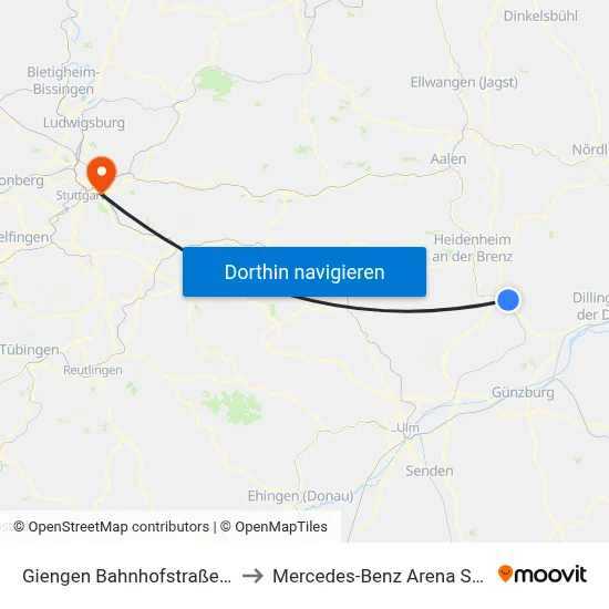 Giengen Bahnhofstraße Bstg 1 to Mercedes-Benz Arena Stuttgart map