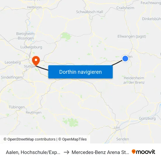 Aalen, Hochschule/Explorhino to Mercedes-Benz Arena Stuttgart map