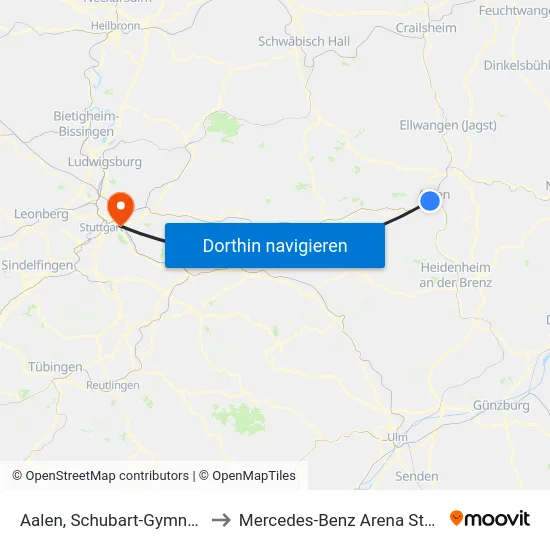 Aalen, Schubart-Gymnasium to Mercedes-Benz Arena Stuttgart map