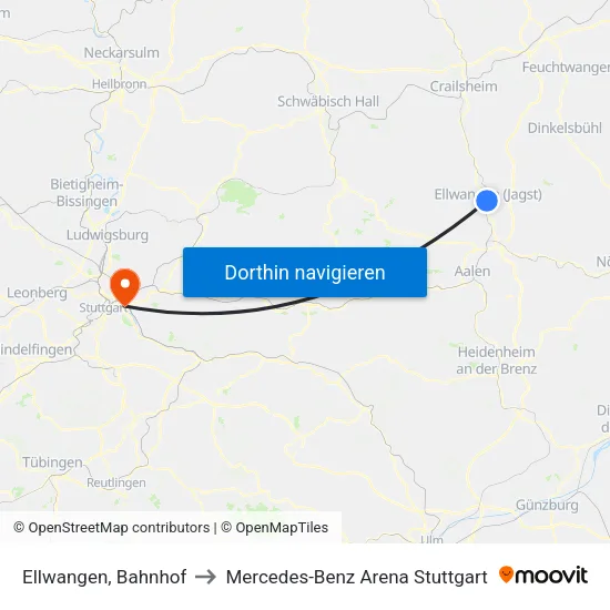 Ellwangen, Bahnhof to Mercedes-Benz Arena Stuttgart map