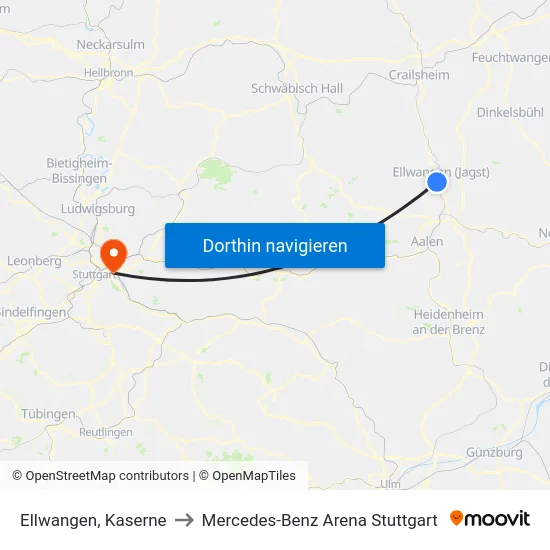 Ellwangen, Kaserne to Mercedes-Benz Arena Stuttgart map