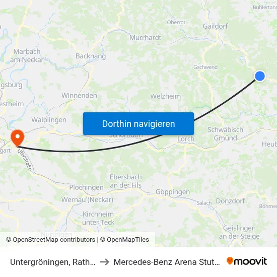 Untergröningen, Rathaus to Mercedes-Benz Arena Stuttgart map