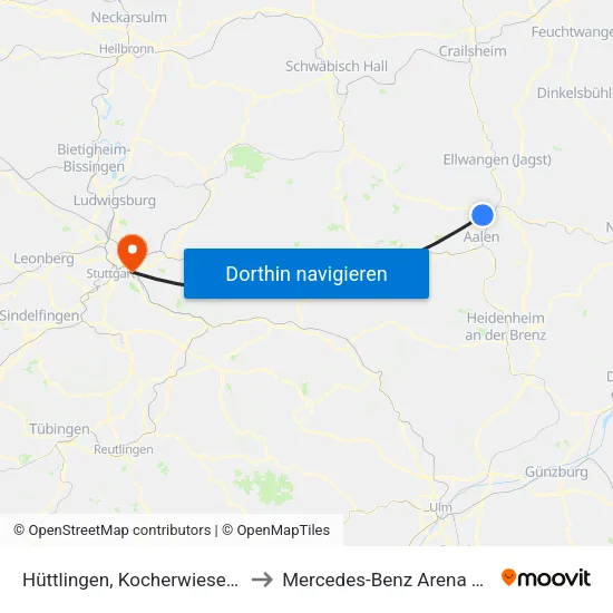 Hüttlingen, Kocherwiesen/K3311 to Mercedes-Benz Arena Stuttgart map