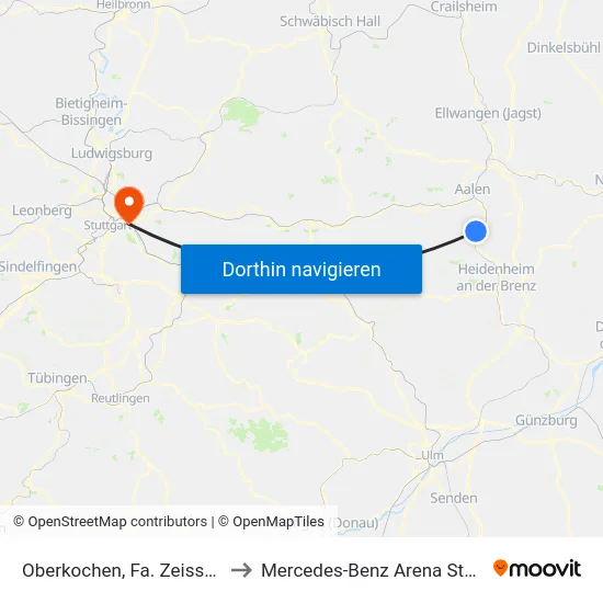 Oberkochen, Fa. Zeiss/Tor 2 to Mercedes-Benz Arena Stuttgart map