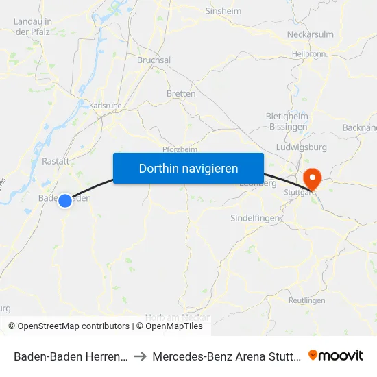 Baden-Baden Herrengut to Mercedes-Benz Arena Stuttgart map