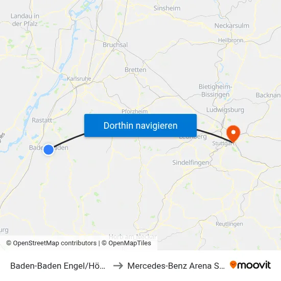 Baden-Baden Engel/Höhenblick to Mercedes-Benz Arena Stuttgart map
