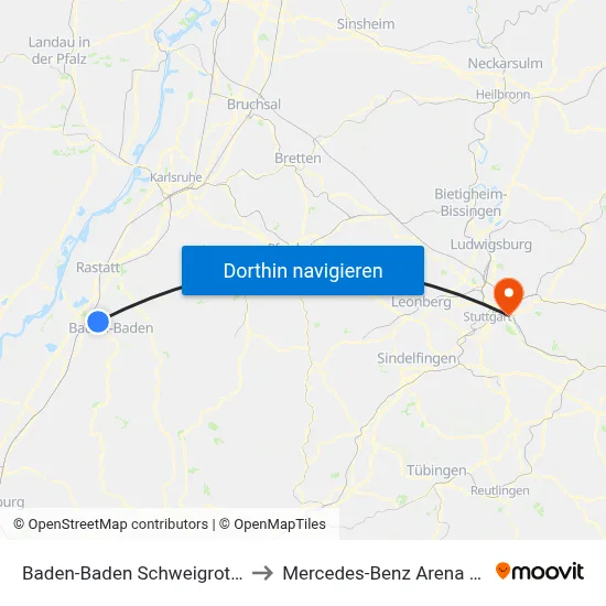 Baden-Baden Schweigrother Platz to Mercedes-Benz Arena Stuttgart map