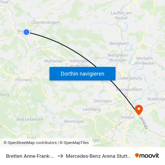 Bretten Anne-Frank-Str. to Mercedes-Benz Arena Stuttgart map